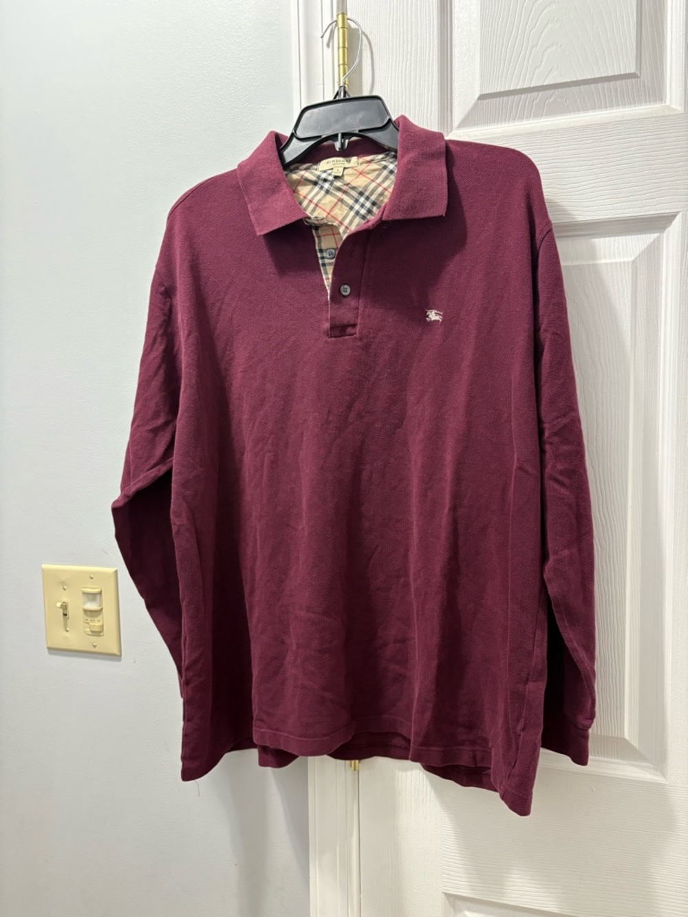 Burberry Vintage Men's Long-Sleeve Polo In Burgundy With Nova Check Collar